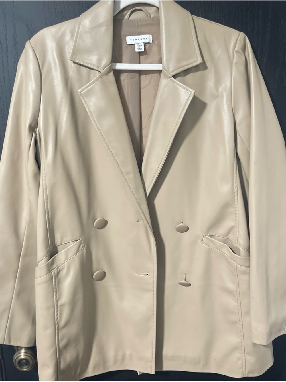 Topshop Beige Faux Leather Double-Breasted Blazer